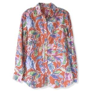 J. McLaughlin Lois Shirt Size Small Peachy Orange Floral Button Up LS Cotton Top